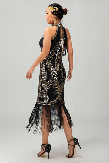 Bodycon Halter Black Golden Sequin 1920s Dress With Fringes
